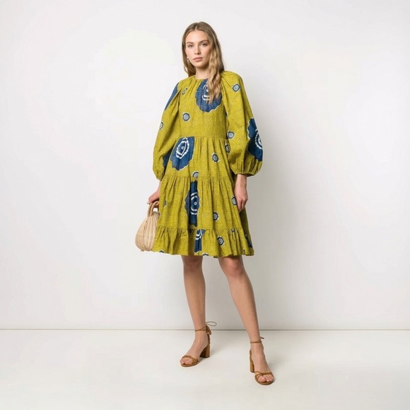 Ulla Johnson Dresses & Skirts - Ulla Johnson Emelyn Printed Cotton Dress Yellow Blue Open Back Tiered Size 2